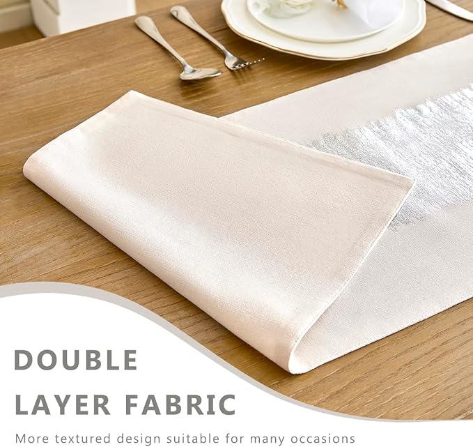 Metallic Style Table Runner, Cotton and Linen Silver Table Runners 60 inches Long,Pre-Pressed Metal Striping Process, Birthday Wedding Decorations for Home Living Room Decor(Silver, 13"x60")