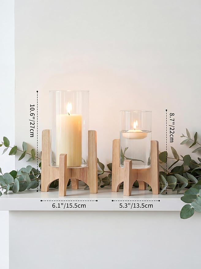 NUPTIO Hurricane Glass Candle Holders: Set of 2 Pillar Candle Holders with Wooden Stands - Mid Century Organic Modern Vases for Dining Table Centerpieces Decor