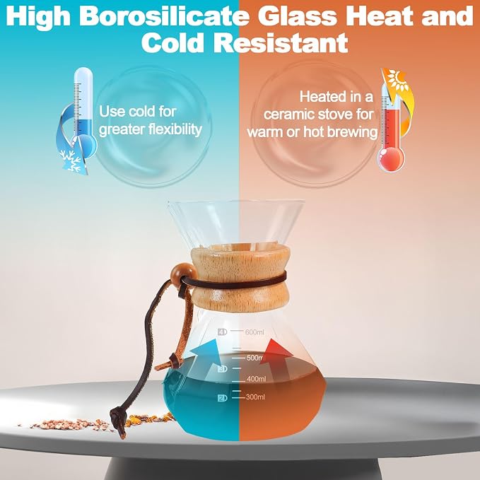 Pour Over Coffee Maker 600ml 20.3oz Glass Drip Coffee Maker with 304 Stainless Steel Filter High Borosilicate Glass Duckbill Spout Solid Wood Handle Pour Over Coffee Dripper for Daily Brewing