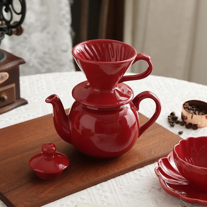 London Pottery V60 Coffee Dripper, Exquisite Porcelain Ceramic Manual Coffee Filter, Suitable for Pour Over Coffee in Office, Outdoor and Home Use (Red)