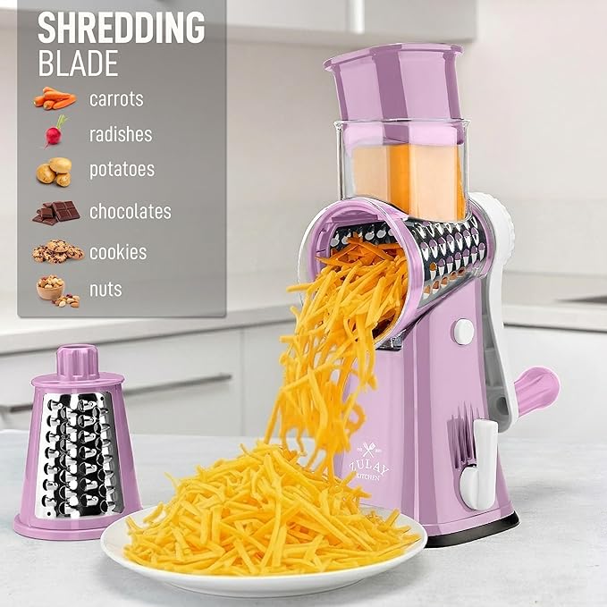 Zulay Kitchen Rotary Cheese Grater 5 Blade Cheese Shredder - Manual Hand Crank Cheese Grater With Reinforced Suction & 5 Interchangeable Drums - Easy to Use, Vegetable Chopper Round Mandoline Slicer