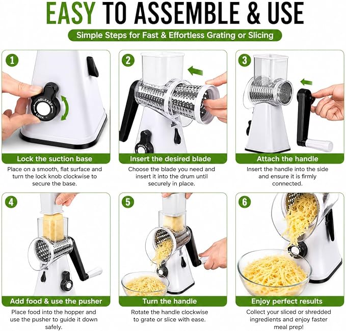 Rotary Cheese Grater with Handle, 3 Interchangeable Stainless Steel Blades, Manual Vegetable Slicer & Cheese Shredder, Hand Crank Grater for Cheese, Potato, Carrot, Cucumber, Nuts & Chocolate, White