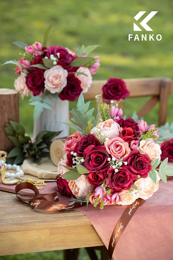 FANKO Artificial Flowers for DIY Bouquet, Burgundy Pink Champagne Faux Rose, Fake Flower Rose Peony for Vase, Floral Arrangement, Centerpieces, Wedding, Home Decor, Party Decoration