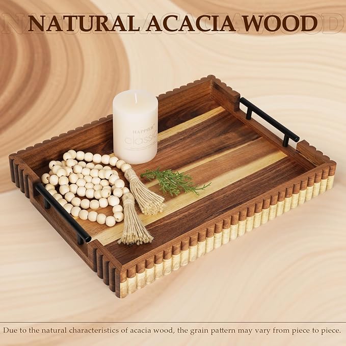 Acacia Wood Decorative Serving Tray with Handles, 16.7" x 12.8" Large Wooden Ottoman Tray for Living Room, Coffee Table Tray Decor for Food, Dinner, Tea or Breakfast in Bed (Natural)