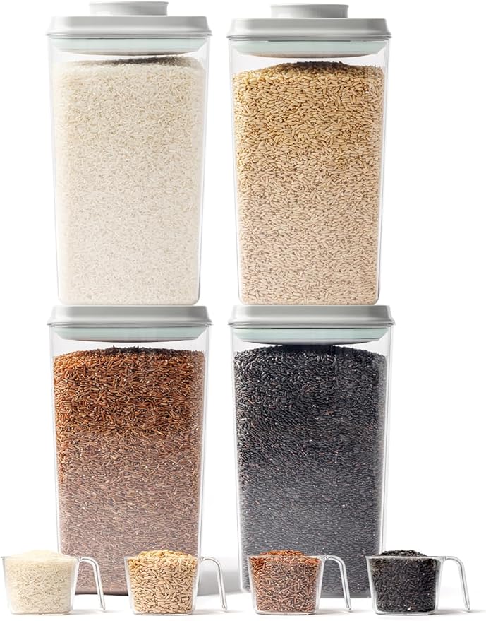 Airtight Food Storage Containers with Lid, 4-Pack 4.22Qt Large Stackable Pantry Organizers with Measuring Scoops, BPA-Free Containers for Rice, Flour, Baking Supplies, Snacks & Laundry Pods