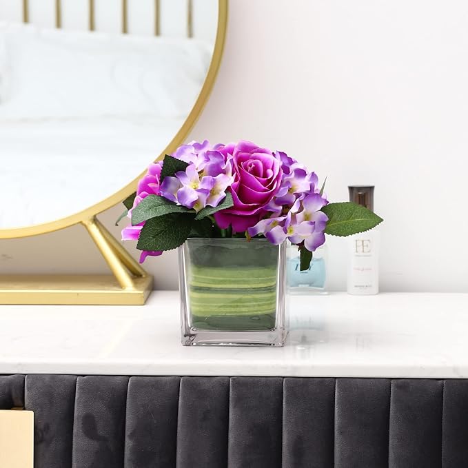 Fule Artificial Silk Rose Flower Centerpiece Arrangement in vase for Home Wedding Decoration (Light Purple)