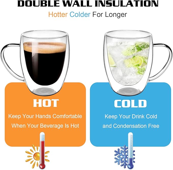 Clear Glass Double Wall Insulated Round Coffee Mugs Set of 6 Pieces - Medium Size 12oz Best Reusable Coffee Mug for Home Cafe Restaurant Perfect for Espresso Capucinno Lungo Latte Coffee