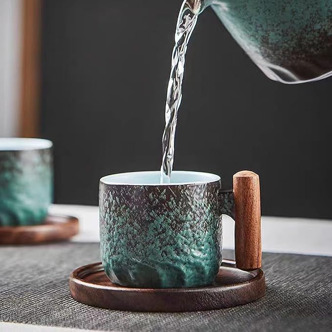 2.5oz Ceramic Espresso Cups with Wooden Handle, Chinese KungFu Tea Cup, Coffee Cups Set of 4 (Green)