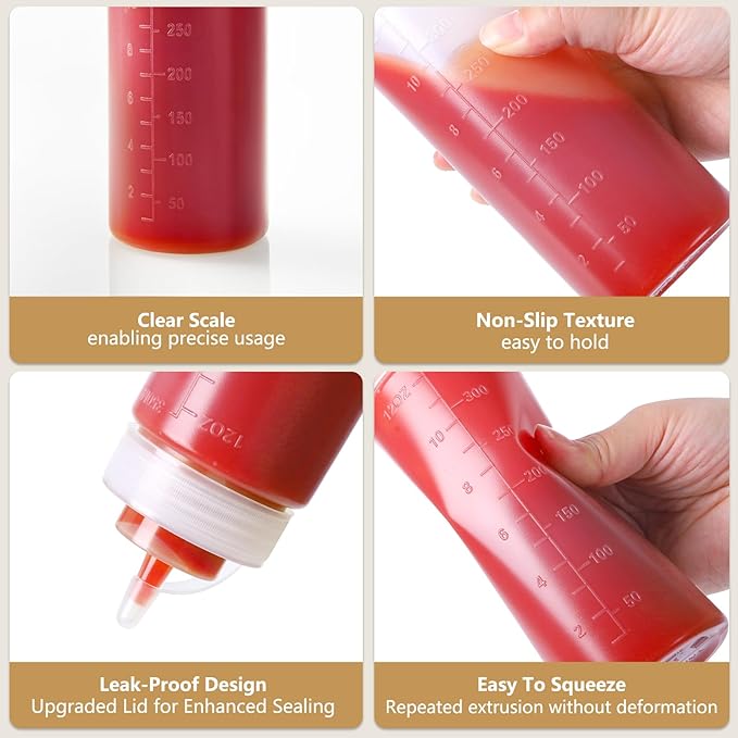 8 Pack 12 oz Plastic Squeeze Squirt Condiment Bottles with Cap Lids - Perfect for Condiments, Oil, Icing, Liquids–Set of 8 with extra 1 Silicone Funnel, 8 Chalk Labels and 1 Pen