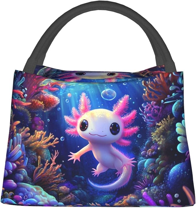 Cute Axolotl Underwater Lunch Box for Women Girls Adults Insulated Pink Axolotl Coral Reef Ocean Lunch Bag for Work Picnic Camping Travel Gifts Large Capacity Cooler Thermal Reusable Tote Makeup Bags