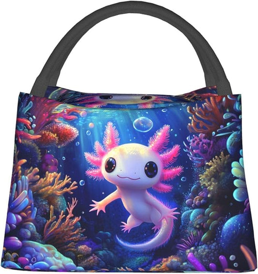 Cute Axolotl Underwater Lunch Box for Women Girls Adults Insulated Pink Axolotl Coral Reef Ocean Lunch Bag for Work Picnic Camping Travel Gifts Large Capacity Cooler Thermal Reusable Tote Makeup Bags