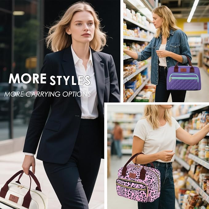Insulated Lunch box for Women,Leakproof Quilted Thermal Lunch Bag, 14L Large Capacity Lunch Tote Bag Lightweight LunchBox Cooler for Work, School, Picnic or Travel with 2 Front Pocket-Leopard print