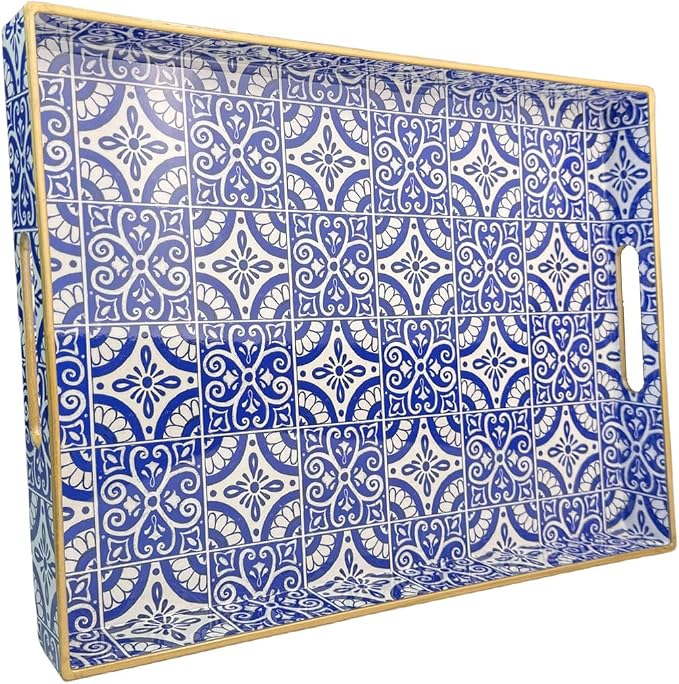 Serving Tray with Handles, Rectangular Decorative Trays for Coffee Table, Plastic Ottoman Tray for Living Room, Decor, Boho Blue, 15.7”*11.8”*1.6"