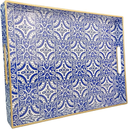 Serving Tray with Handles, Rectangular Decorative Trays for Coffee Table, Plastic Ottoman Tray for Living Room, Decor, Boho Blue, 15.7”*11.8”*1.6"
