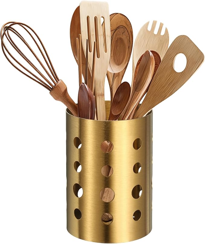 uxcell Kitchen Utensil Holder, 3.9x5.5 Stainless Steel Utensil Cutlery Holder Round Flatware Organizer with Drain Hole for Kitchen Restaurant Countertop Straw, Spoon, Chopstick, Gold
