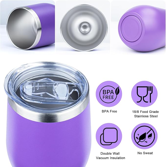 MEZMUT 12 Oz Insulated Wine Tumbler with Lid Double Wall Vacuum Stainless Steel Wine Glass Coffee Mug Insulated Tumbler Cup for Champaign, Cocktail, Beer (Purple, 4 Pack)