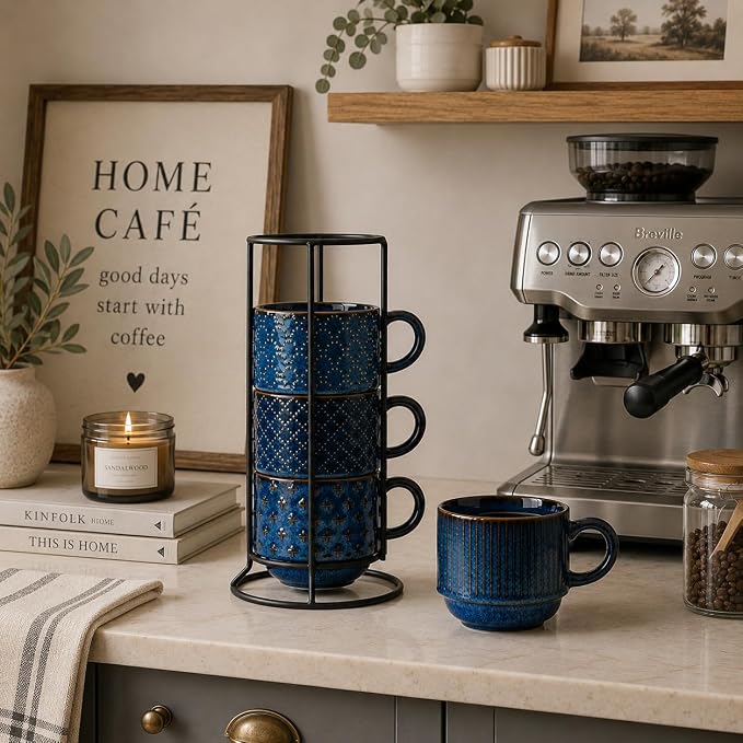 Large Ceramic Coffee Mug Set of 4 with Stand, 15 Oz Stackable Different Embossment Ribbed Latte Cup Set for Cappuccino, Tea, Hot Cocoa, Drinks - Dishwasher & Microwave Safe, Blue