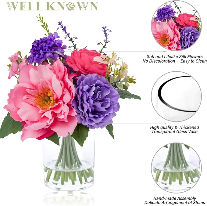 WELL KNOWN Artificial Flowers in Vase with Fake Water, Pink & Purple Silk Flowers Fake Ranunculus Peonies Lilac Bouquet for Home Wedding Party Dining Table Baby Shower Decor & Birthday Gift (Violet)