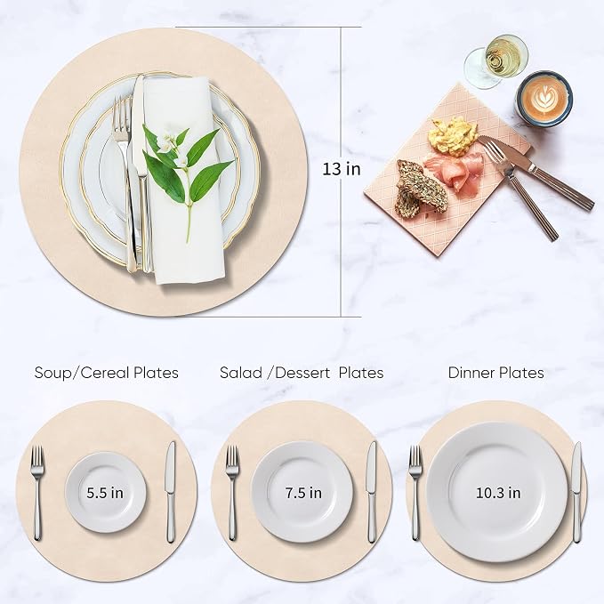 ADRIMER Placemats, Heat Resistant Round Placemats Set of 4 Washable, Waterproof Table Mats, Wipeable Faux Leather Place Mats for Kitchen, Dining Room, Beige