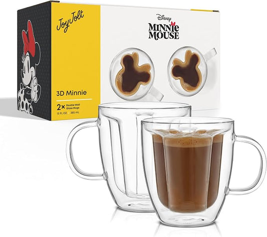 JoyJolt Disney Minnie Mouse 3D Double Wall Glass Mugs with Handles, 13oz Glass Coffee Cups Set of 2, Insulated Clear Glasses for Tea or Latte, Disney Glasses