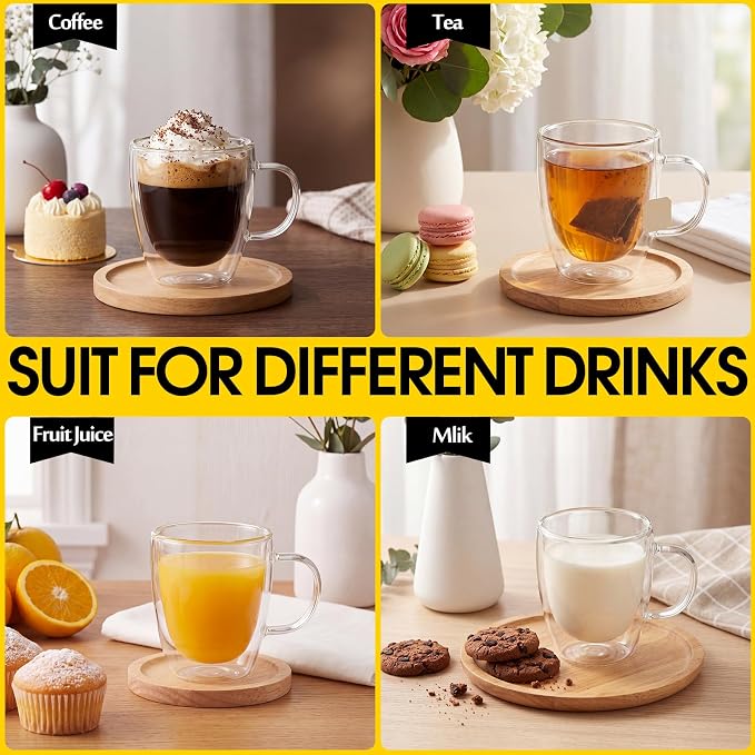 Gerrii Espresso Cups Double Walled Espresso Shot Glass with Handle Cups Insulated Clear Small Shot Glasses for Cappuccino Latte Hot Beverage(5.4 oz,Flat Bottom,12 Pcs)