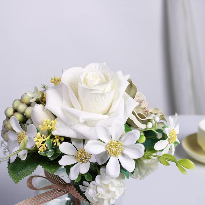 Faux Flowers in Vase for Vanity Decor, Centerpieces for Tables Office Desk Valentine's Day Gift, Artificial Flowers With Vase for Nightstand
