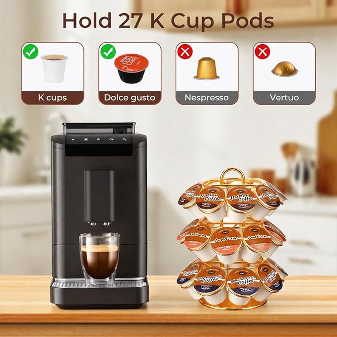 K Cup Holder, Carousel Coffee Pod Holder Compatible with 27 K Cup, Spins 360-Degrees, 3 Tier K Cup Organizer for Kitchen Counter — Home or Office Storage, Anti-Slip Base, No Assembly, Gold
