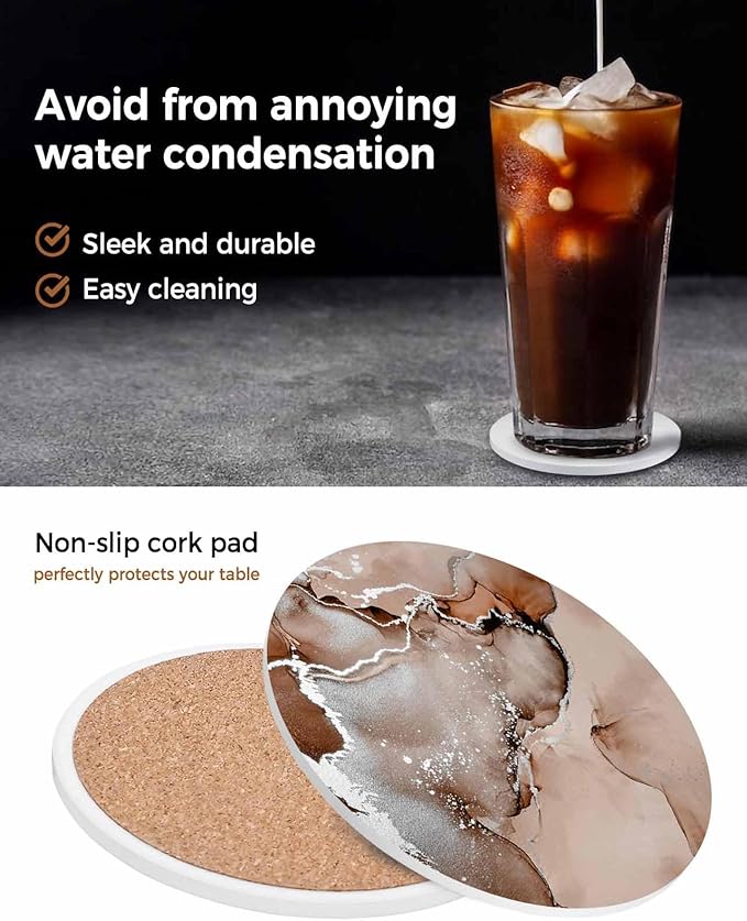 Coasters Set of 8 Brown Marble Drink Coasters with Holder Absorbent Stone Ceramic Cup Mat Abstract Waves Cloud Coaster for Drinks Coffee Bar Office Kitchen Cafe Home Table Decor