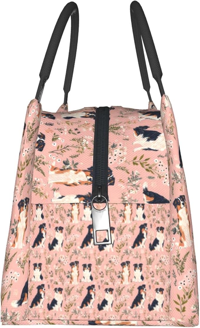 Australian Shepherd Insulated Lunch Box for Girls Pet Lovers,Reusable Tote Bag with Cute Dog and Floral Pink,Portable Lunchbox Handbag,Makeup Bags Organizer Gifts for Work Office,11x6.3x6.7in