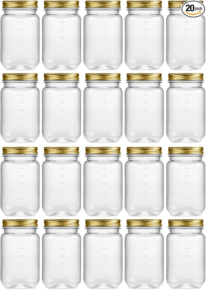 novelinks 16 oz Clear Plastic Jars with Lids, Refillable 16oz Mason Jars with Lids & Storage Containers for Kitchen & Household Use (20 Pack,Gold)