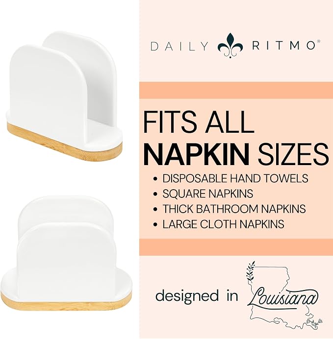 DAILY RITMO® White Standing Napkin Holder with Bamboo Bottom | Extended Weighted Base Vertical Design for Large Disposable Guest Towels & Paper Napkins | Modern Ceramic-Like Resin