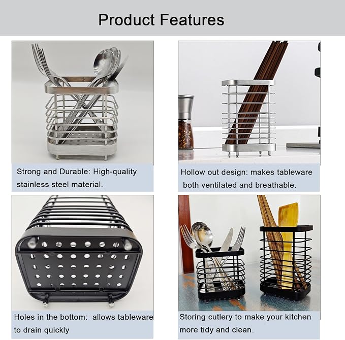 Cutlery Drainer, Stainless Steel Utensil Holder Sink Caddy, Rust Proof Sink Tidy Kitchen Sink Organiser, Cutlery Holder for Kitchen Counter (Silver)
