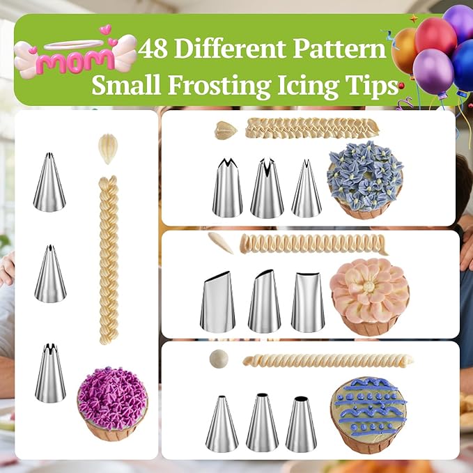 Hendiy Piping Tips Set, Stainless Steel Frosting Piping Kit with 48 Cake Decorating Tip, Small Frosting Icing Tips Baking Tools for Cupcakes, Cake, Cookie