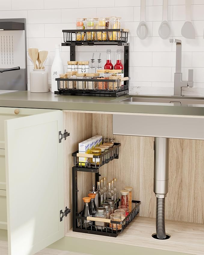 Hahaemall Under Sink Organizer for Bathroom Storage: Pull Out Storage Undersink Organizers Drawer - Sliding 2 Tier Rack Metal Organization Under Counter Kitchen Cabinet for Families, 2 Pack