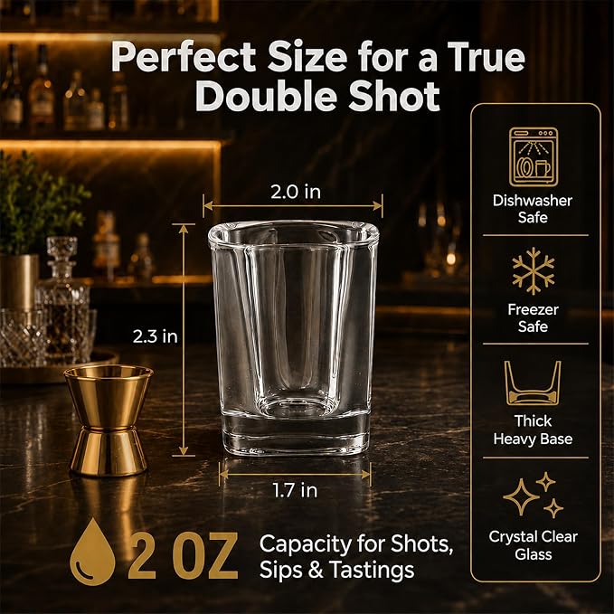 Ruckae 12 Pack 2oz Shot Glasses Set with Trays Heavy Base Clear Square Shot Glasses Bulk for Vodka Tequila Whiskey Liquor