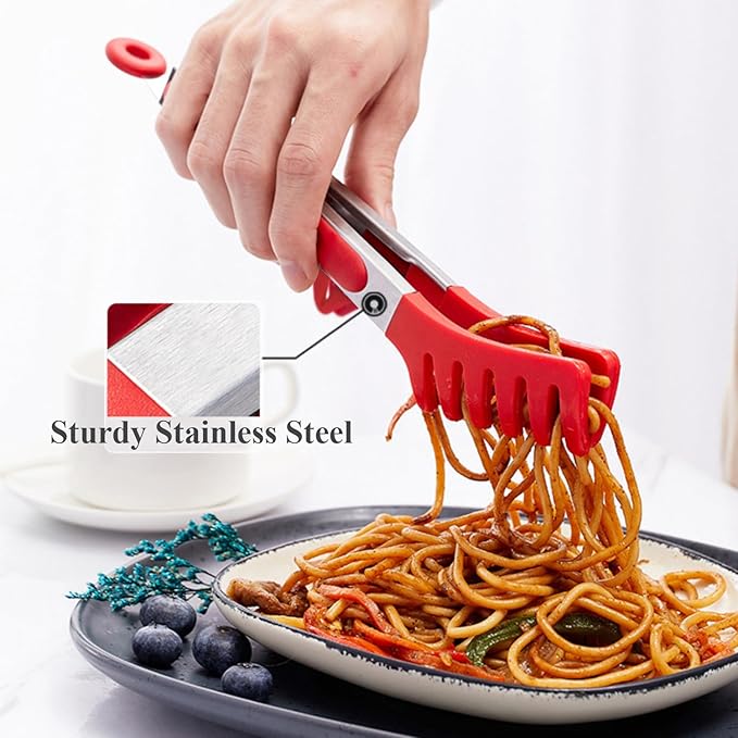 Kitchen Tongs, 9 Inch Tongs for Cooking with Silicone Tips, Food Grade Mini Serving Tong for Nonstick Pans, BBQ, Salad, Set of 3, Red