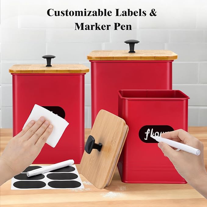Kitchen Canisters Set of 3, Metal Flour Sugar Storage Containers with Airtight Lids-Canisters Sets for Kitchen with Customizable Chalkboard Labels & Marker Pen-Spice, Coffee Storage Jars(Red)