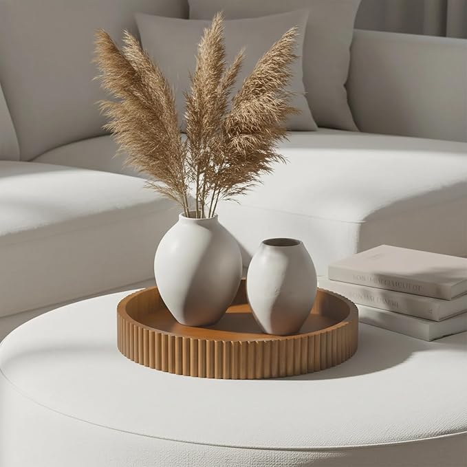 Ribbed Wood Decorative Tray, 16.5-Inch Round with Light Honey Finish for Table Centerpieces