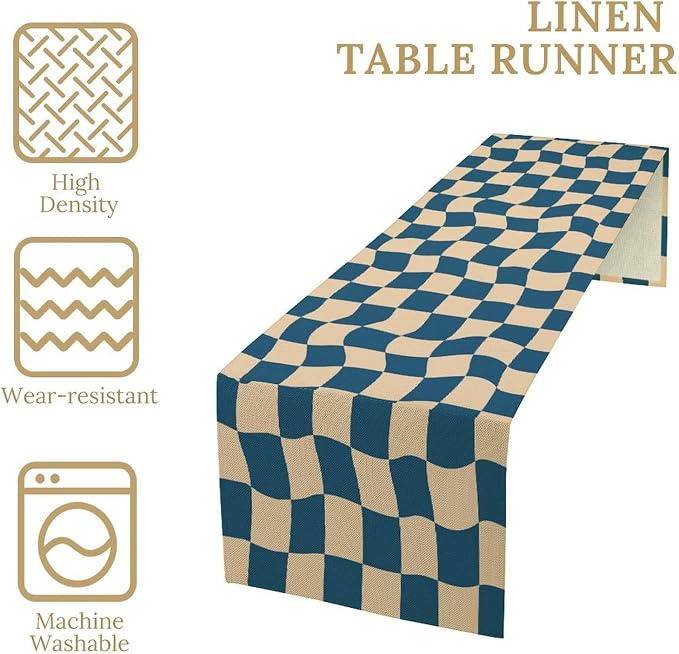 Groovy Retro Checkered Table Runner Vintage Abstract Wavy Swirl Twisted Blue Hippie Grid Dinner Runner for Farmhouse Country Home Kitchen Dining Table Party Holiday Decor 13x36in