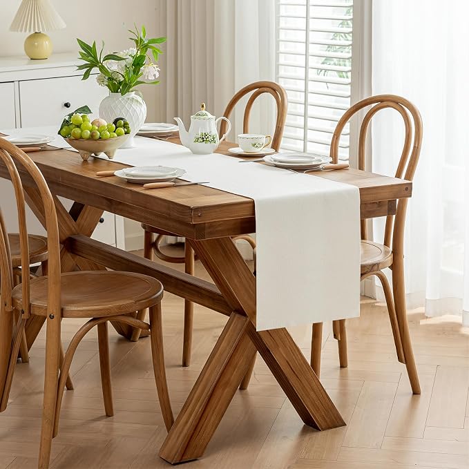 Laolitou White Table Runners 72 Inches Long, Burlap Linen Texture Farmhouse Boho Table Runner, Rustic Dining Table Decor Long (13x72 Inches, White)