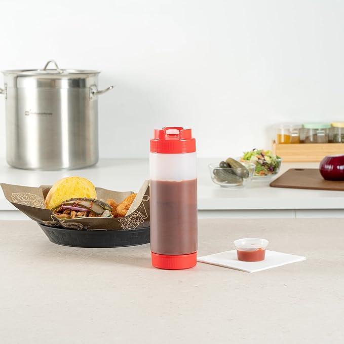 Restaurantware Plastic Squeeze Bottle 20 oz Refillable Condiment Bottle Large Valve Dishwashable Red Inverted Sauce Dispenser For Thick Condiments, Dressings, Batter, Sour Cream, And Syrups