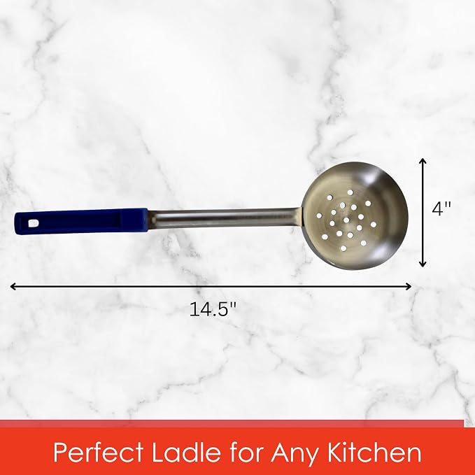 8 oz Slotted Stainless Steel Portion Control Ladle Spoon | Commercial-Grade Spoodle for Portioning & Draining - Pasta, Veggies & Buffet Service. Color-Coded by Size. Dishwasher Safe.