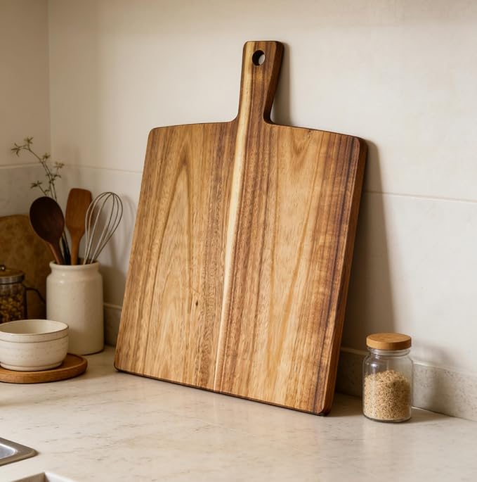 Large Acacia Wood Cutting Board with Handle 17''X13'', Charcuterie Board, Serving Board, Chopping Board for Meat, Cheese, Bread, Vegetables & Fruits (Square)