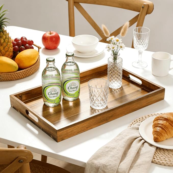 YOUEON 2 Pack 17 x 12 Inch Acacia Wood Serving Tray with Handles, Large Wooden Tray for Ottoman, Breakfast in Bed, Dinner, Coffee Table, Perfect for Living Room, Bedroom & Kitchen
