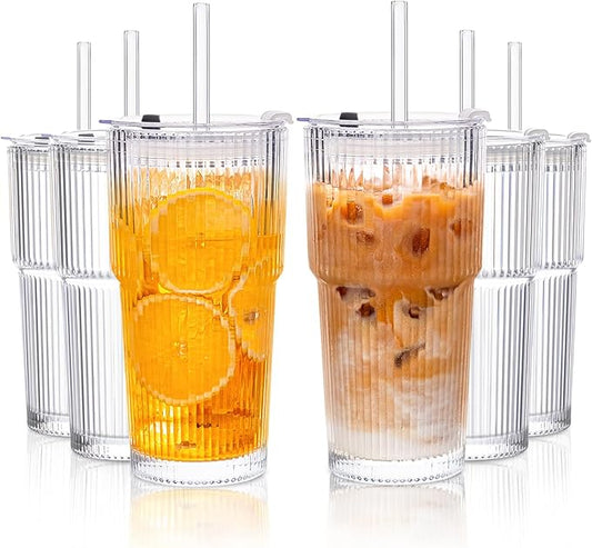 KEMORELA 6-Pack 20 oz Ribbed Glass Tumblers with Lids and Straws – Vintage Iced Coffee Cups, Reusable Smoothie & Cocktail Glasses, Durable Clear Glassware for Home, Cafe & Party Use