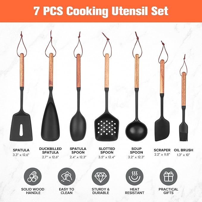 Silicone Utensils Set of 7 with Wooden Handle for Cooking&Baking,No Scratch for Nonstick Cookware,Spatula Spoon,Soup Ladle,Basting Brush,Baking Bowl Scraper,Skimmer,Slotted Spatula,BPA Free (Black)