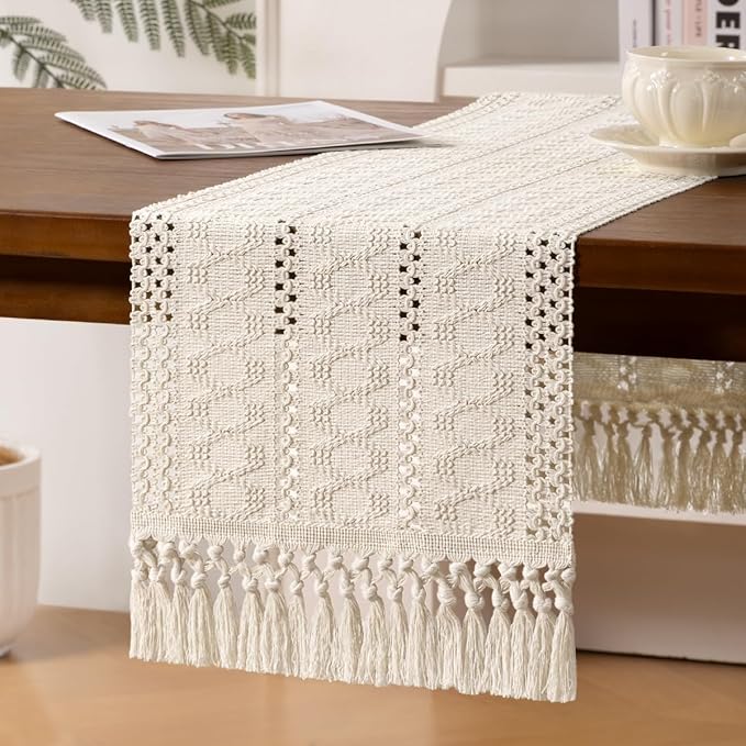 Boho Woven Cotton Linen Table Runner Beige 11"x70" with Tassels Rustic Macrame Farmhouse Table Runner Summer Decor for Dining Room Wedding Kitchen Party