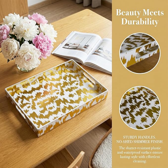 White & Gold Glitter Abstract Serving Tray with Handles, 15.8”x11.7”x1.6” Rectangular Decor Tray – Multipurpose for Breakfast in Bed, Bathroom Vanity, Living Room & Entertaining