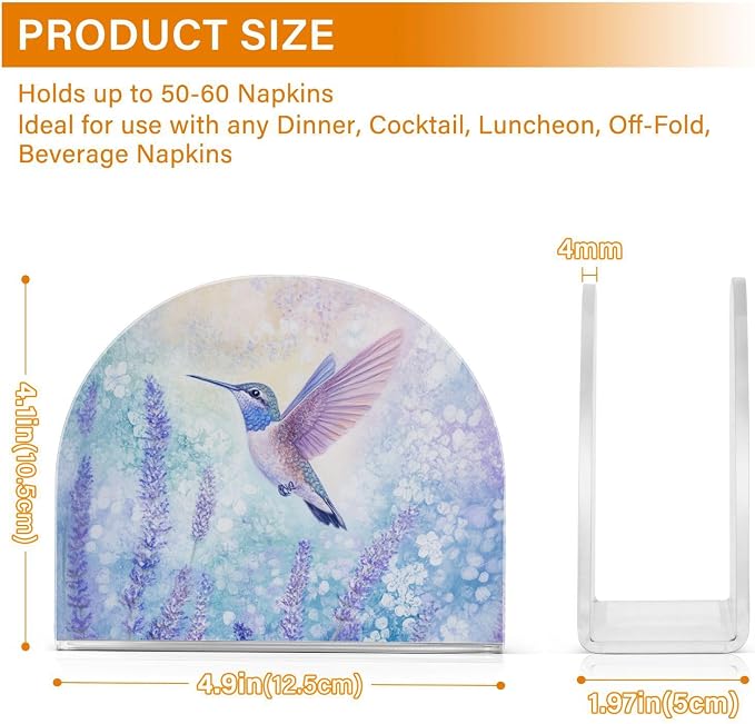 Fustylead Hummingbird with Purple Lavender Flowers Napkin Holder for Table Acrylic Cocktail Napkin Holders Small Decorative Napkin Dispenser for Home Party Dining Kitchen Accessories, 2 Pack