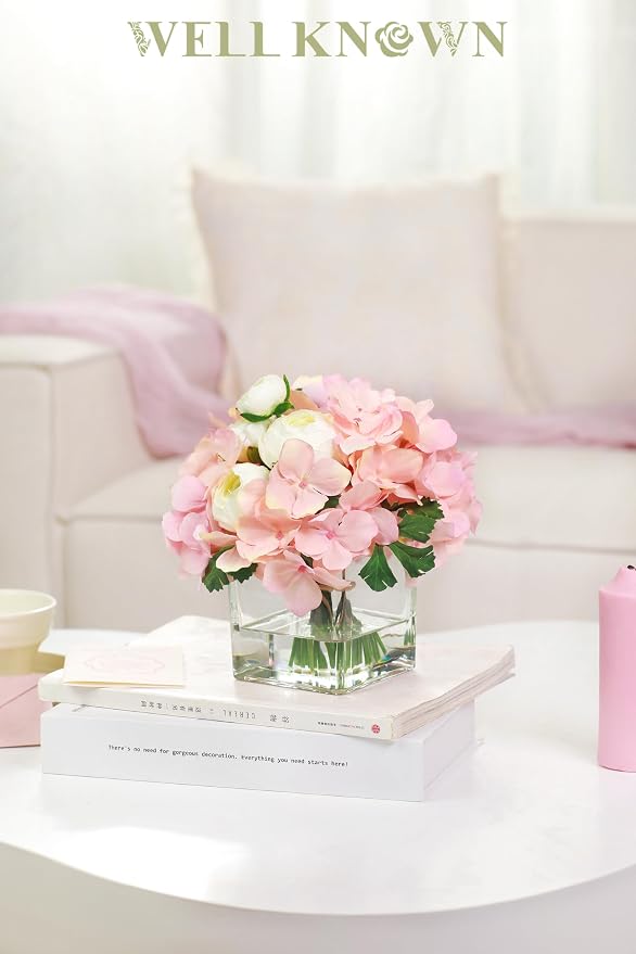 WELL KNOWN Artificial Hydrangea and Ranunculus Flowers in Vase with Faux Water, Silk Spring Pink Flower Arrangement Centerpiece for Home Dining Table Office Wedding Decor & Mom's Gift